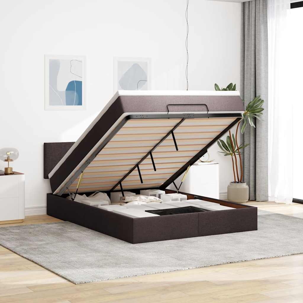 Cadre de lit ottoman avec matelas marron foncé 140x200 cm tissu - XIOS
