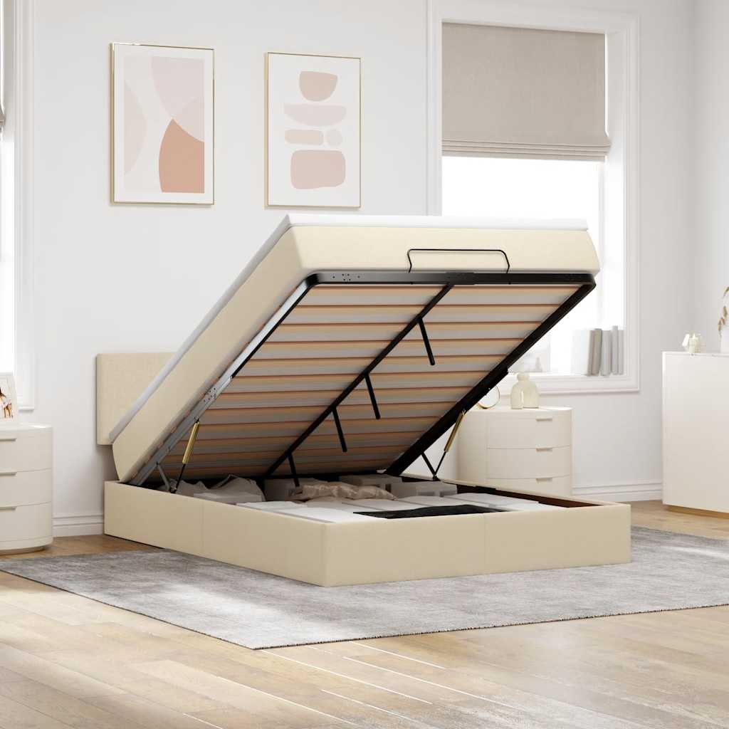 Lit ottoman avec matelas et LED crème 140x200 cm tissu - XIOS