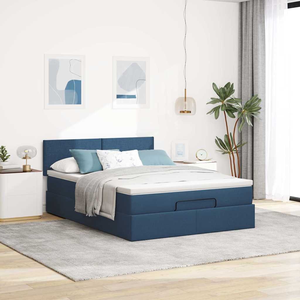 Cadre de lit ottoman avec matelas bleu 140x200 cm tissu - XIOS