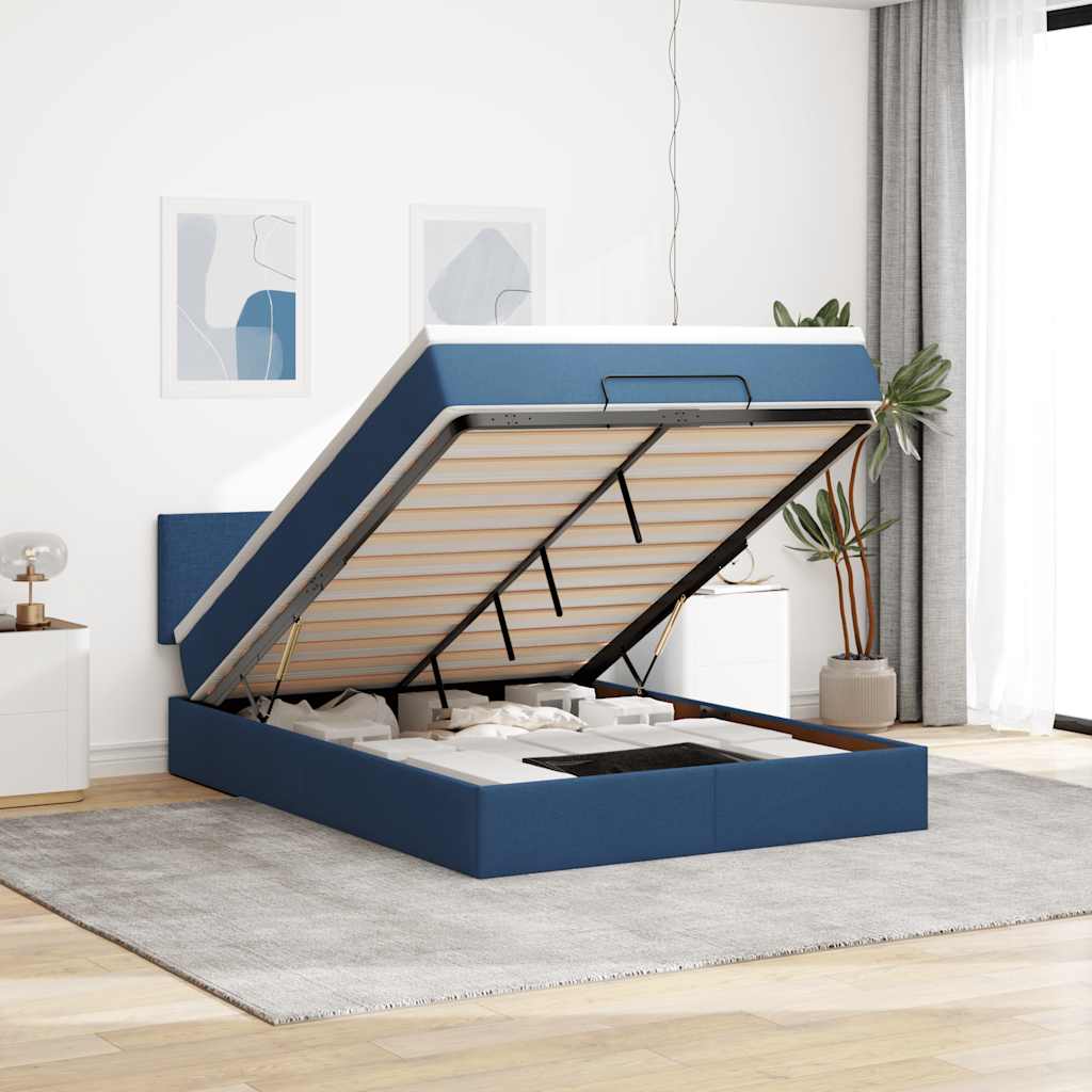 Cadre de lit ottoman avec matelas bleu 140x200 cm tissu - XIOS