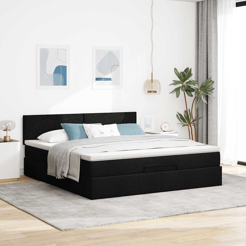 Cadre de lit ottoman avec matelas noir 160x200 cm tissu - XIOS