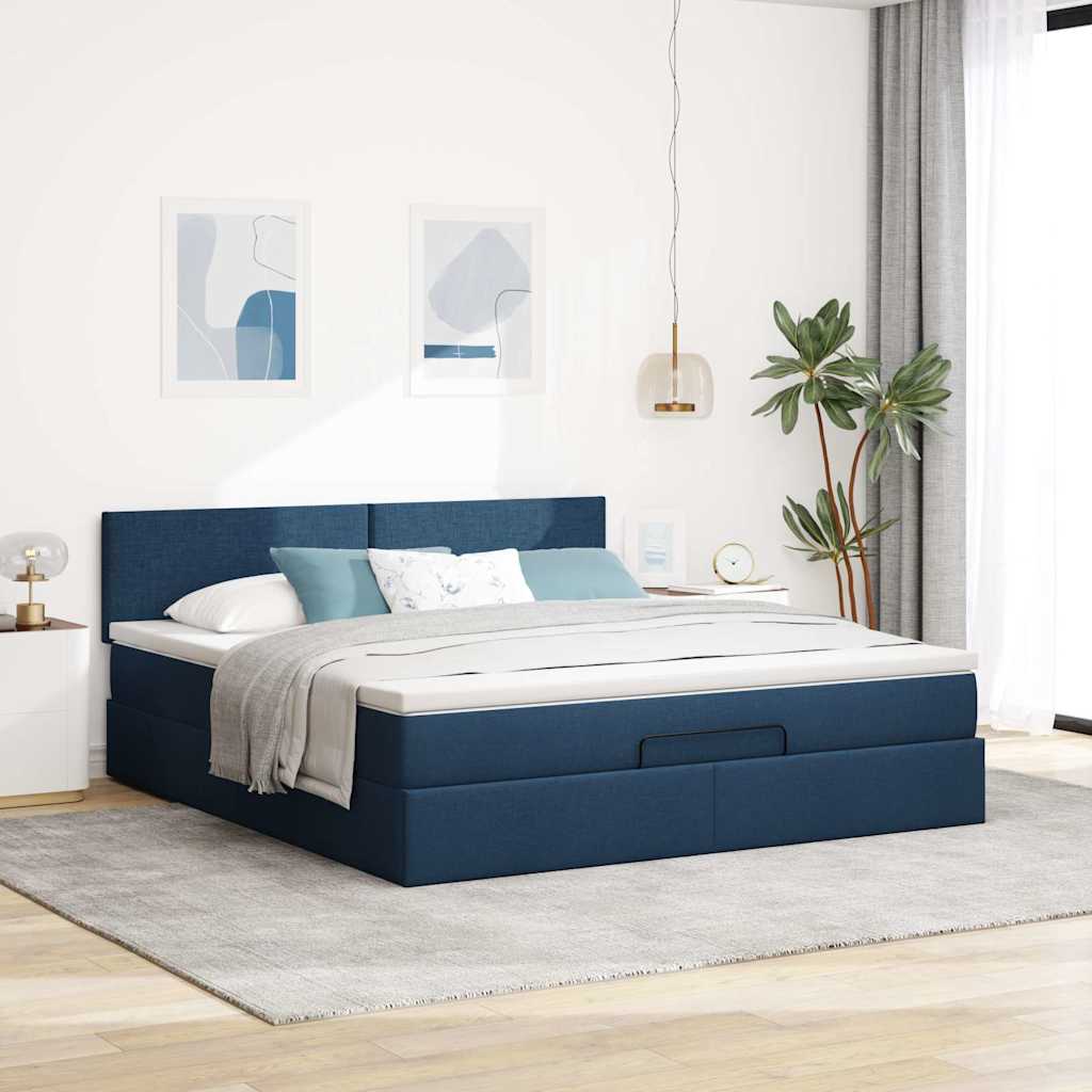 Cadre de lit ottoman avec matelas bleu 160x200 cm tissu - XIOS