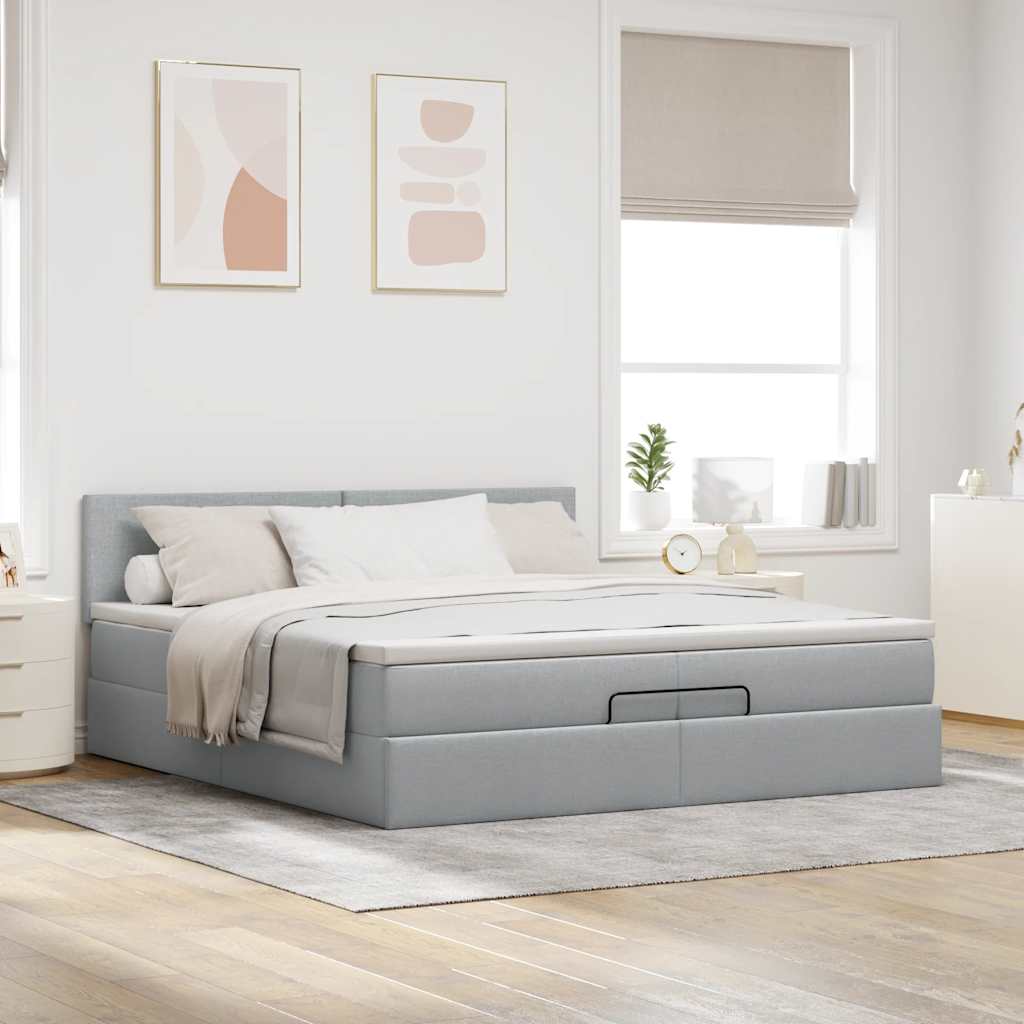 Cadre de lit ottoman et matelas gris clair 200x200cm tissu - XIOS