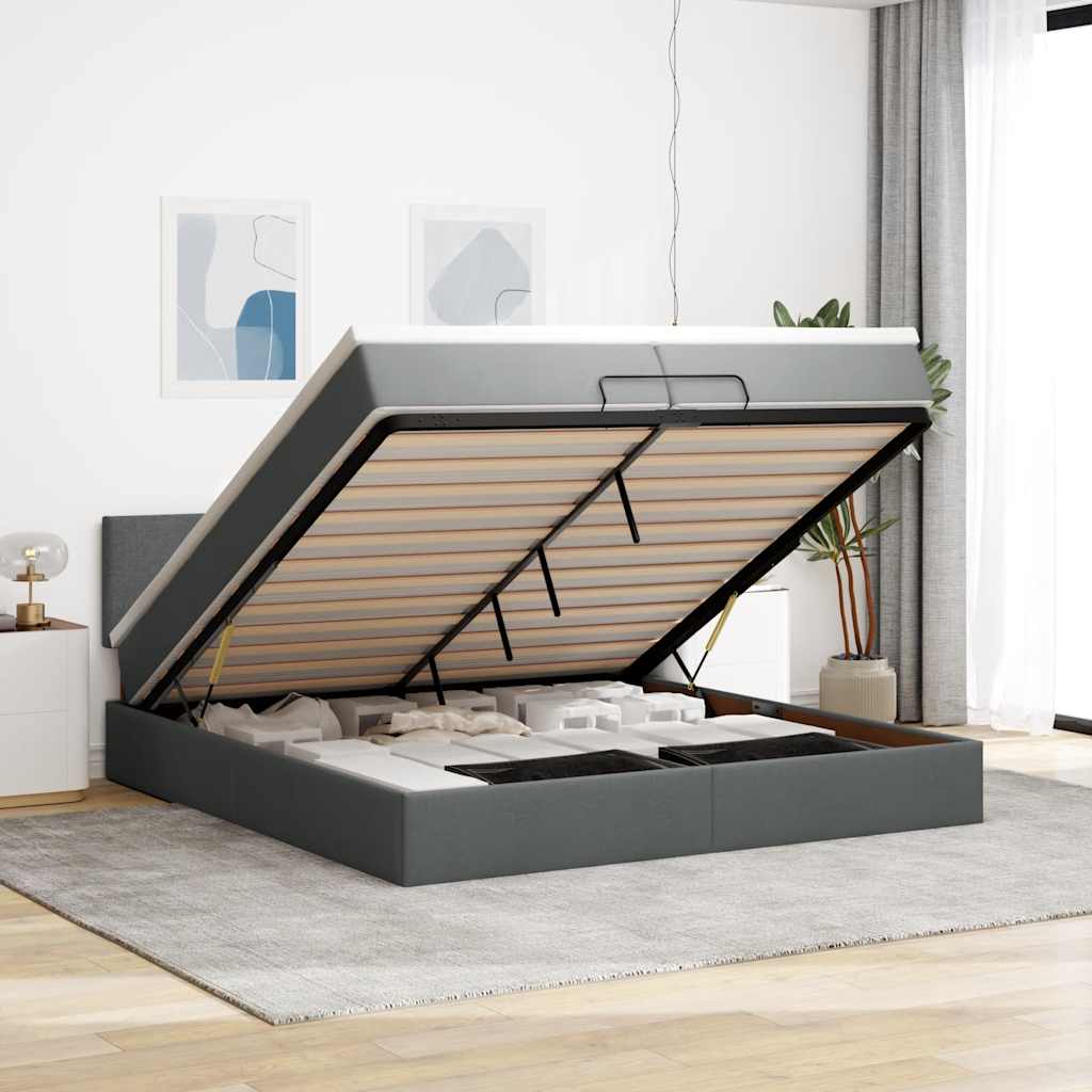 Cadre de lit ottoman avec matelas gris foncé 200x200cm tissu - XIOS