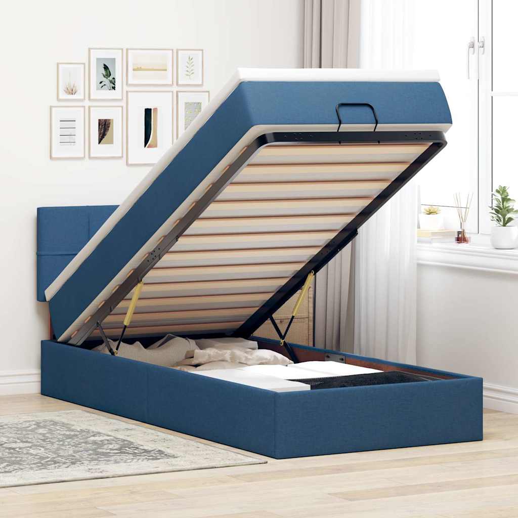 Cadre de lit ottoman avec matelas bleu 90x190 cm tissu - XIOS