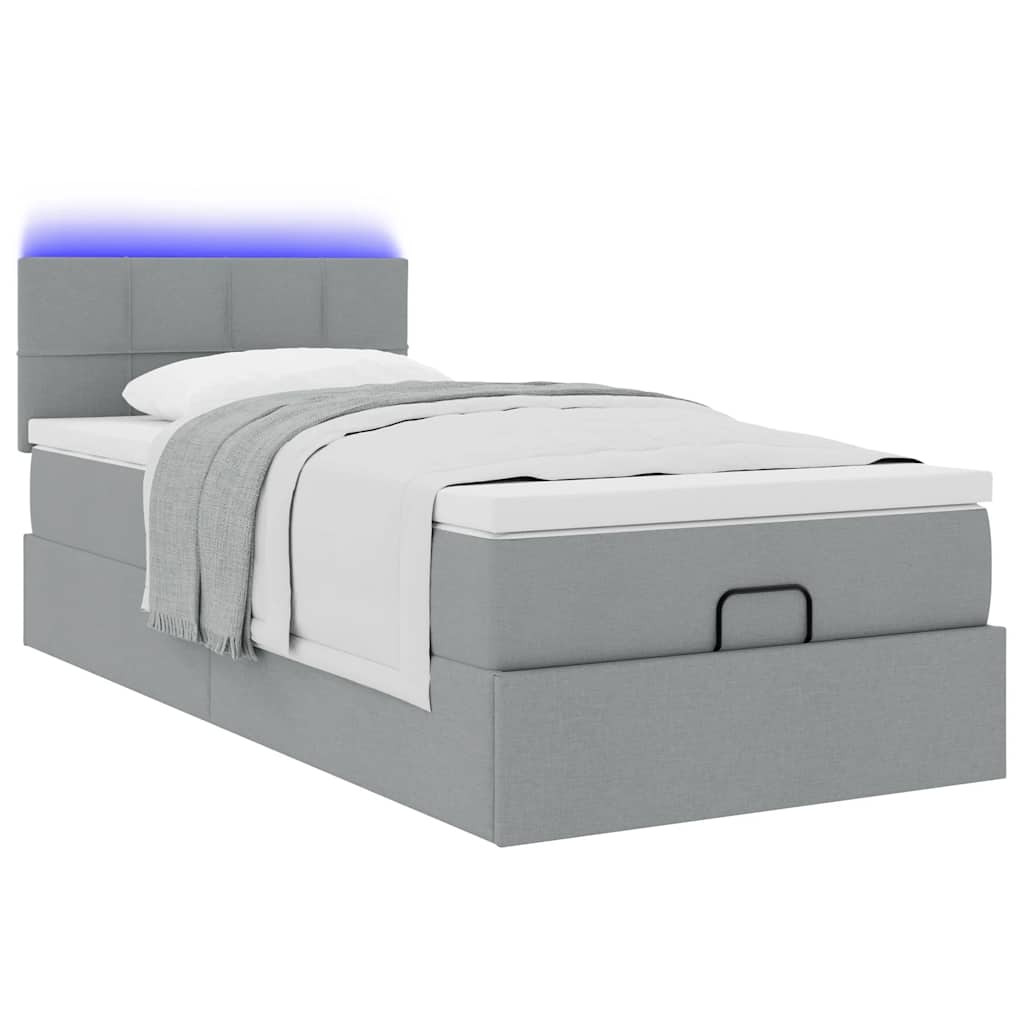 Lit ottoman avec matelas et LED gris clair 90x200 cm tissu - XIOS