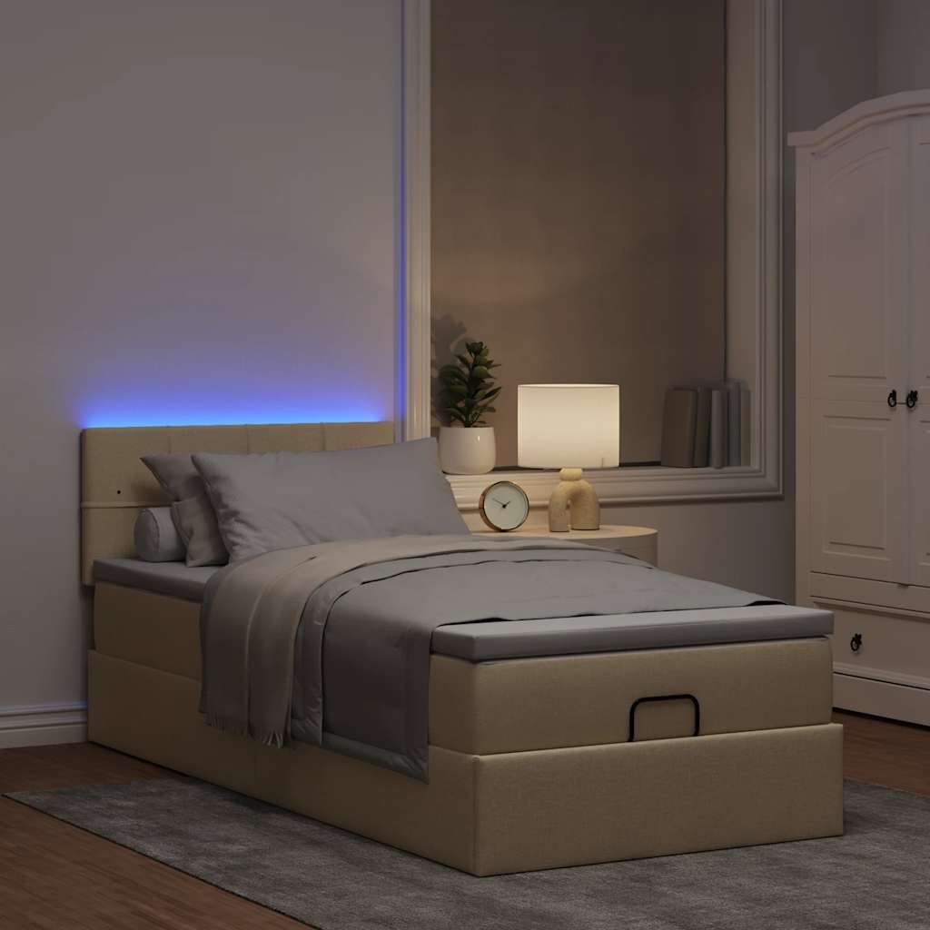 Lit ottoman avec matelas et LED crème 90x200 cm tissu - XIOS
