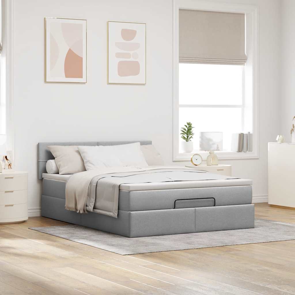 Cadre de lit ottoman et matelas gris clair 140x200 cm tissu - XIOS