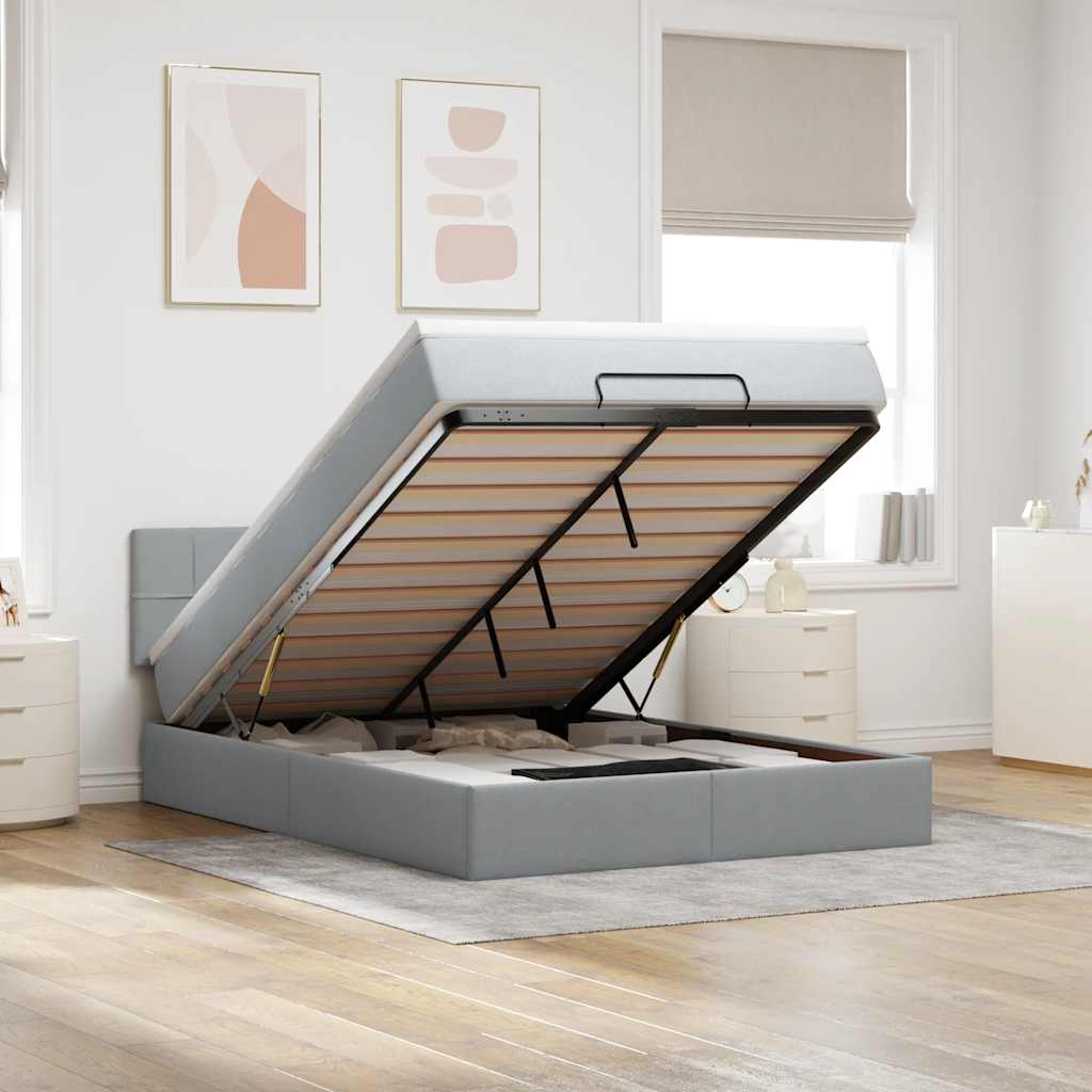 Cadre de lit ottoman et matelas gris clair 140x200 cm tissu - XIOS