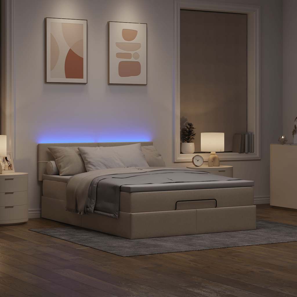 Lit ottoman avec matelas et LED crème 140x200 cm tissu - XIOS
