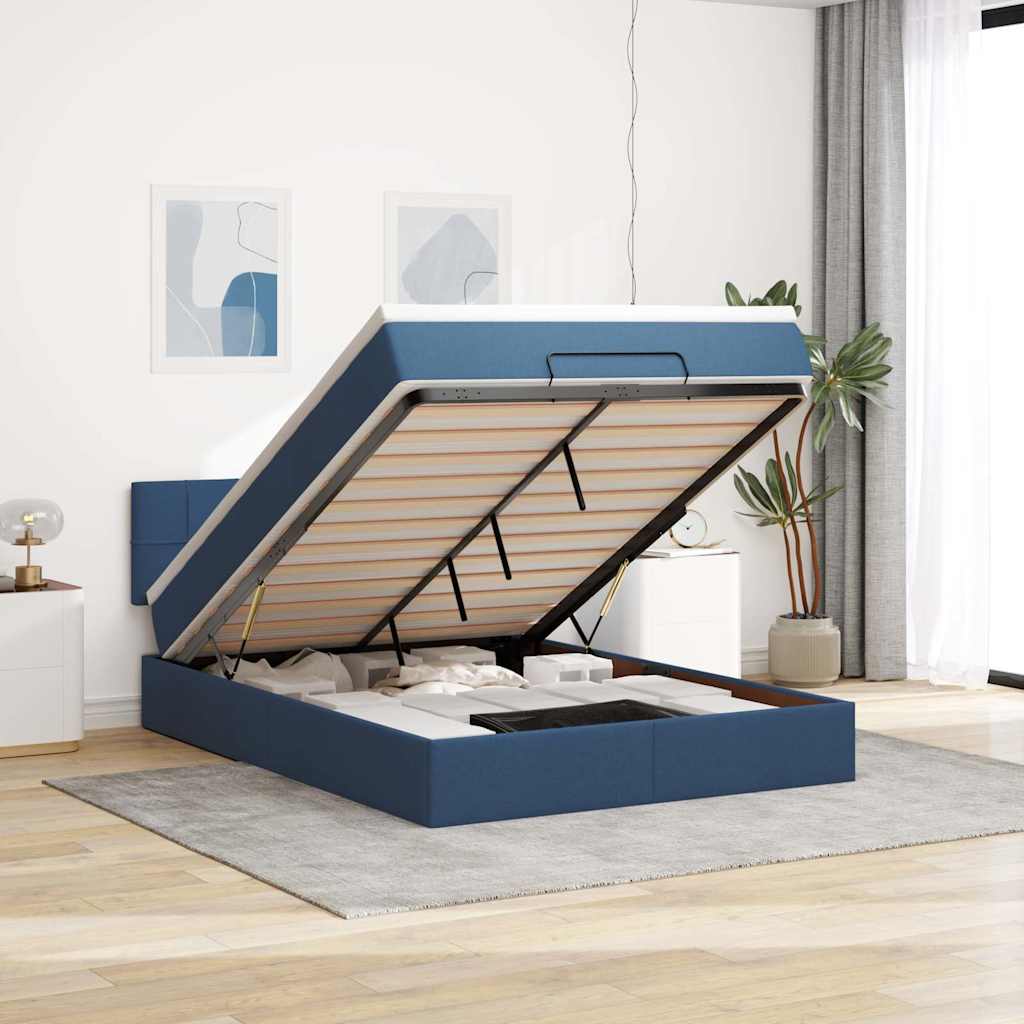 Cadre de lit ottoman avec matelas bleu 140x200 cm tissu - XIOS