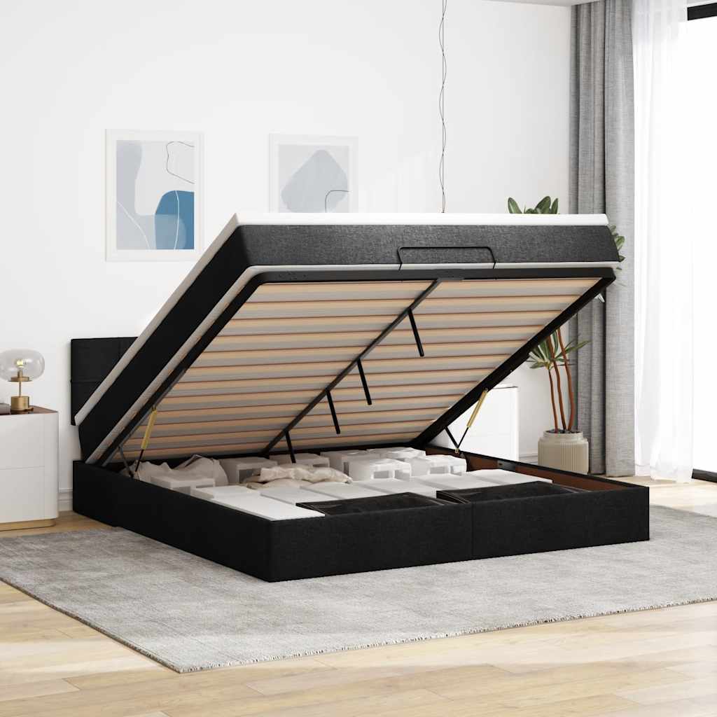 Cadre de lit ottoman avec matelas noir 160x200 cm tissu - XIOS