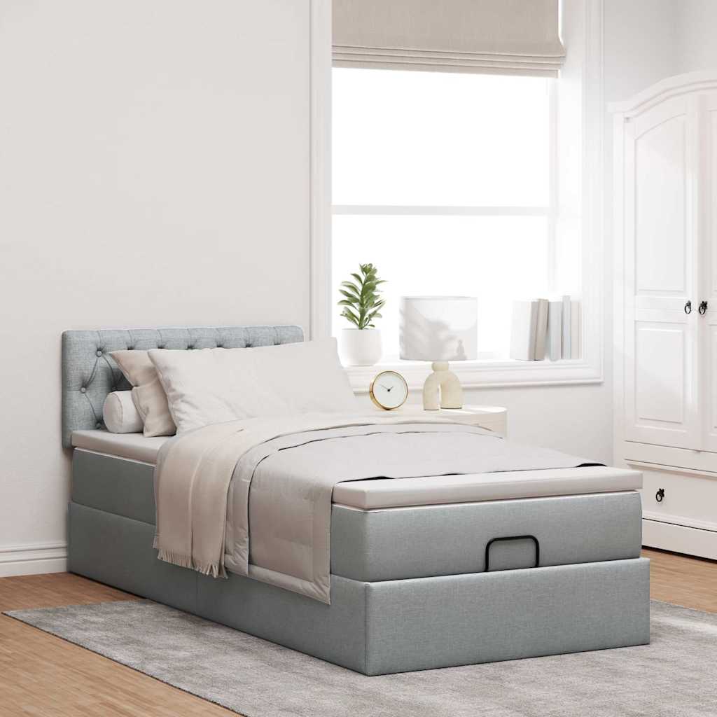 Cadre de lit ottoman et matelas gris clair 90x190 cm tissu - XIOS