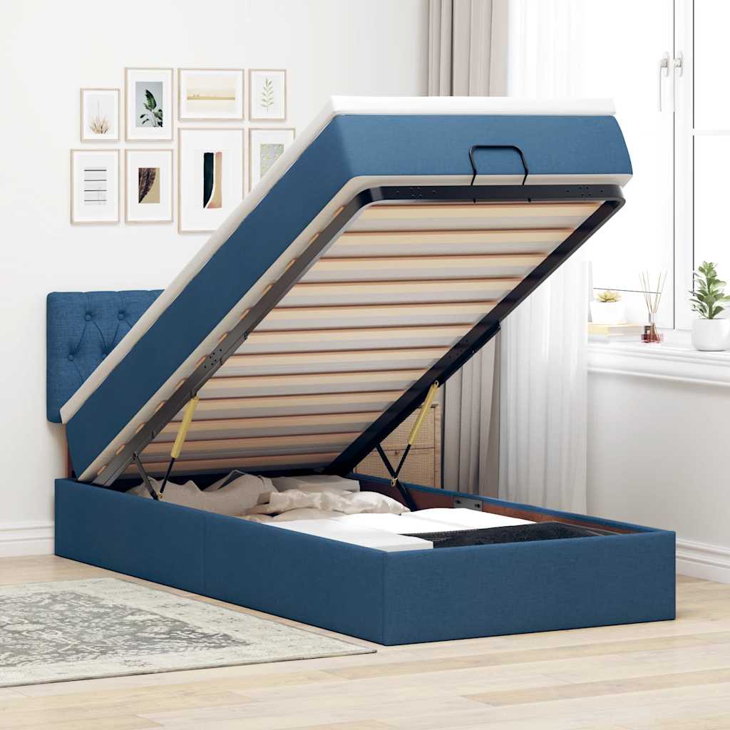 Cadre de lit ottoman avec matelas bleu 90x190 cm tissu - XIOS