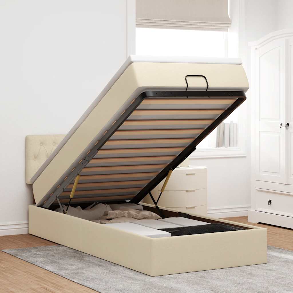 Lit ottoman avec matelas et LED crème 90x200 cm tissu - XIOS