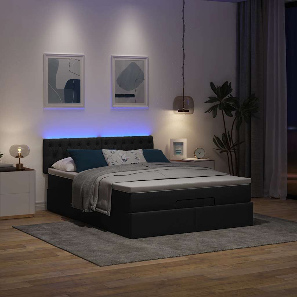 Lit ottoman avec matelas et LED noir 140x190 cm tissu - XIOS