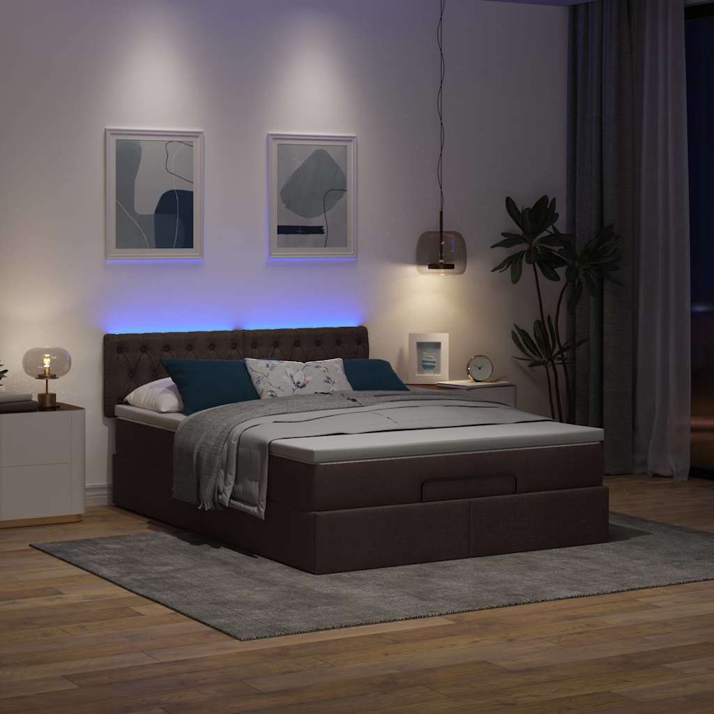 Lit ottoman avec matelas et LED marron foncé 140x190 cm tissu - XIOS