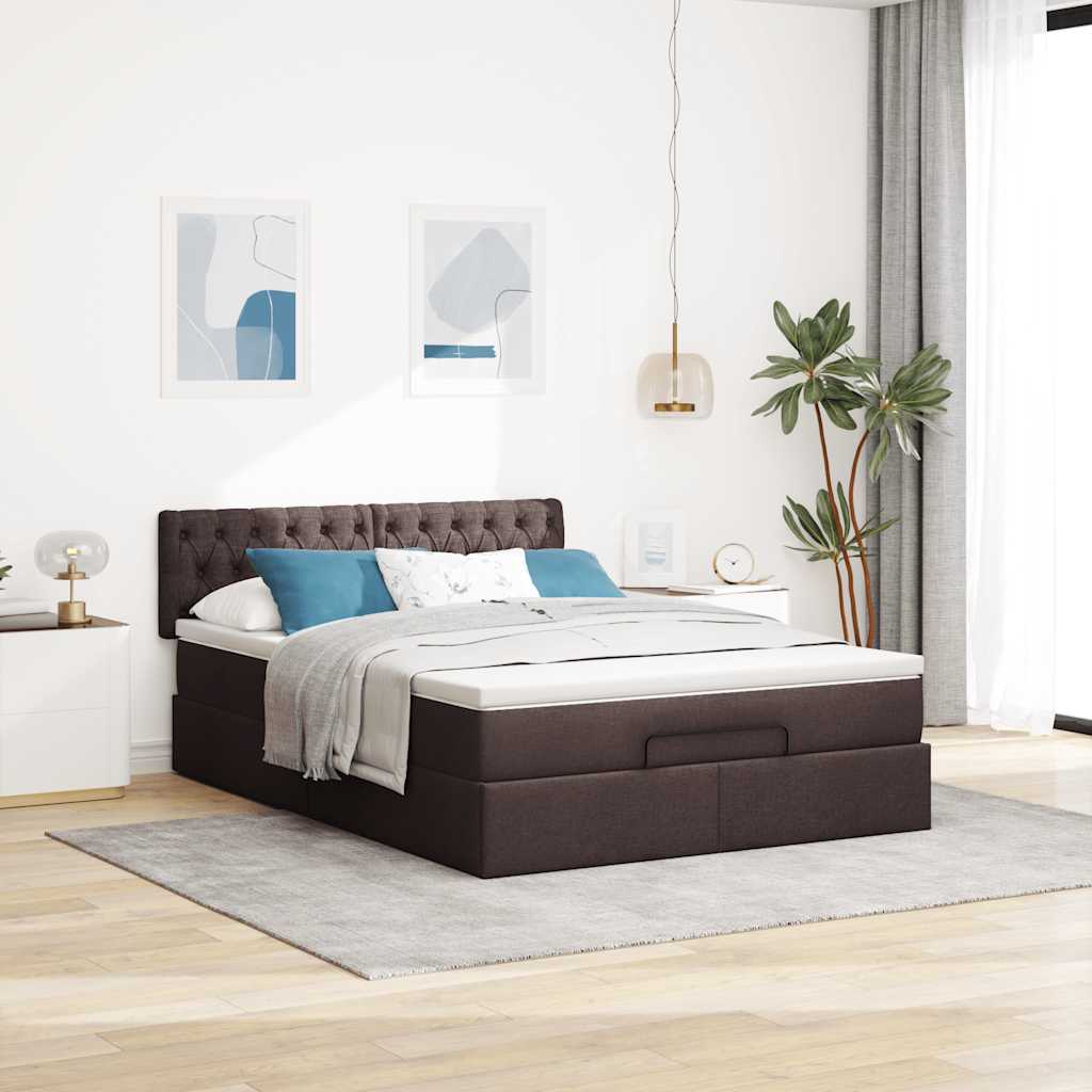 Lit ottoman avec matelas et LED marron foncé 140x190 cm tissu - XIOS