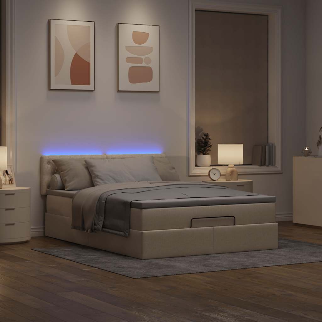 Lit ottoman avec matelas et LED crème 140x190 cm tissu - XIOS