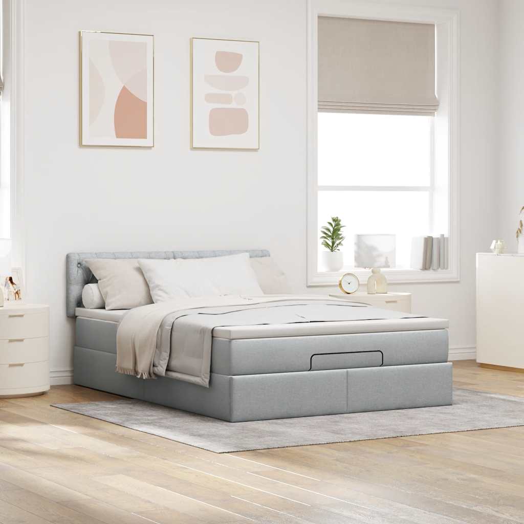 Cadre de lit ottoman et matelas gris clair 140x200 cm tissu - XIOS