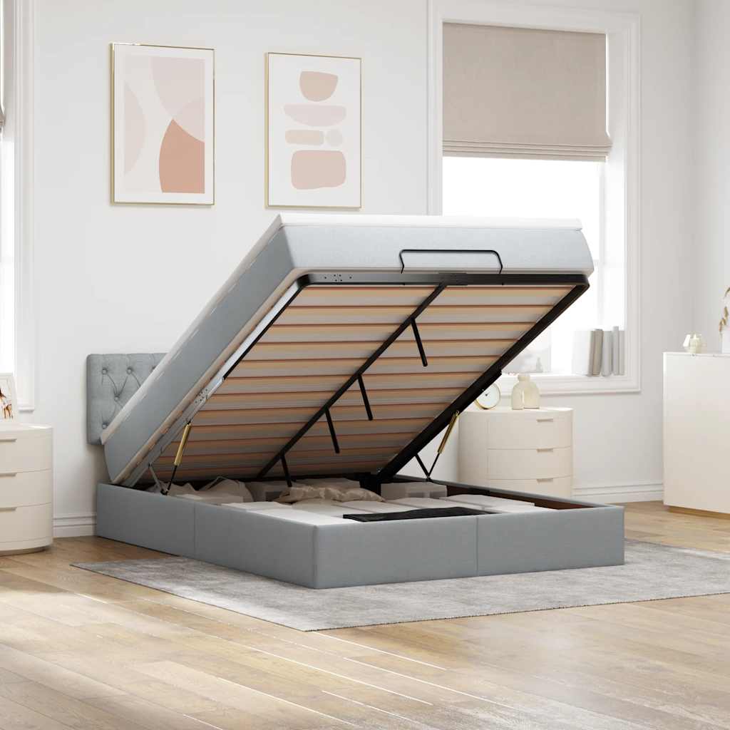 Cadre de lit ottoman et matelas gris clair 140x200 cm tissu - XIOS