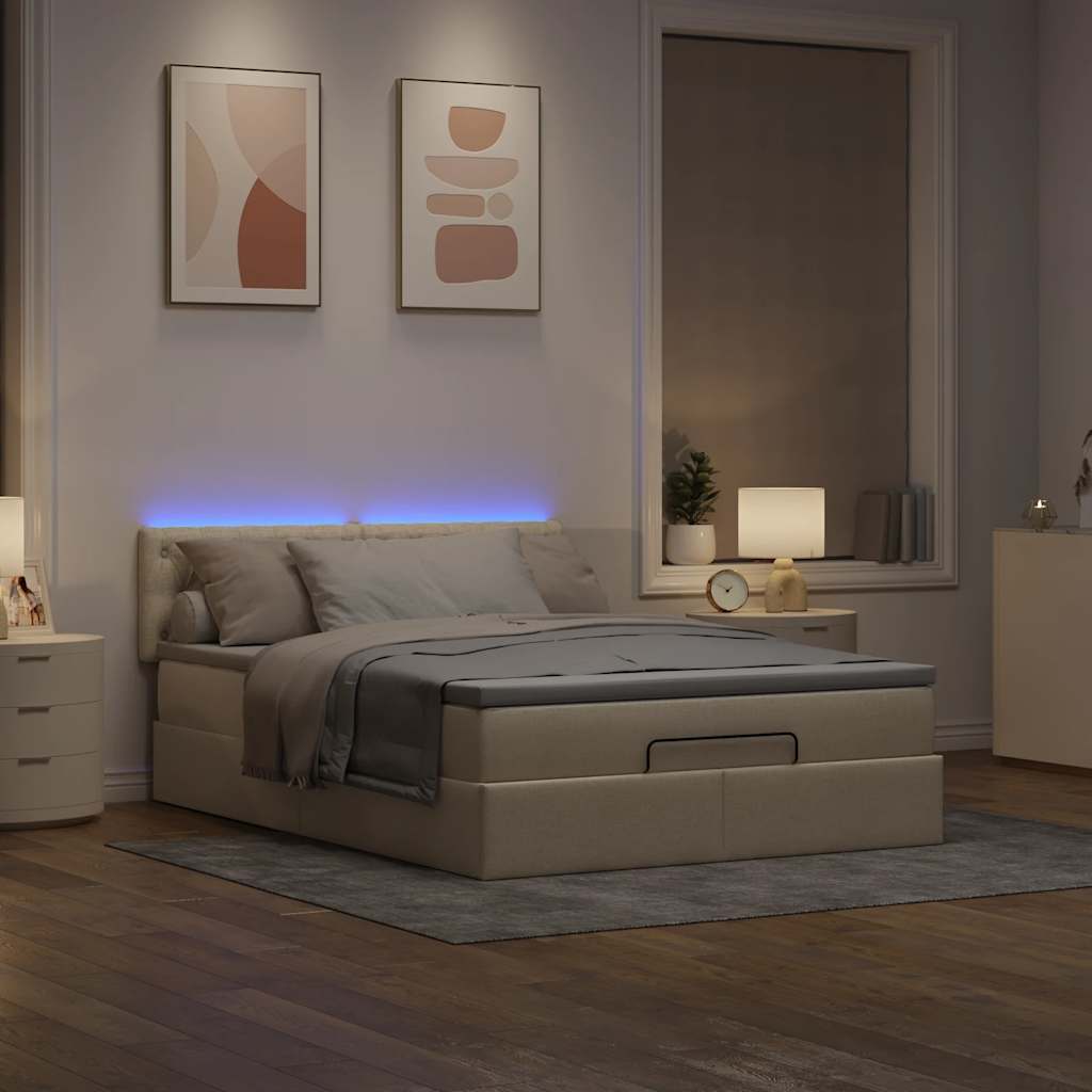 Lit ottoman avec matelas et LED crème 140x200 cm tissu - XIOS
