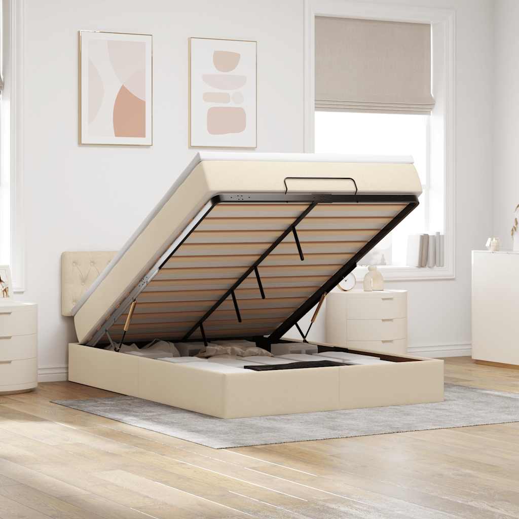 Lit ottoman avec matelas et LED crème 140x200 cm tissu - XIOS