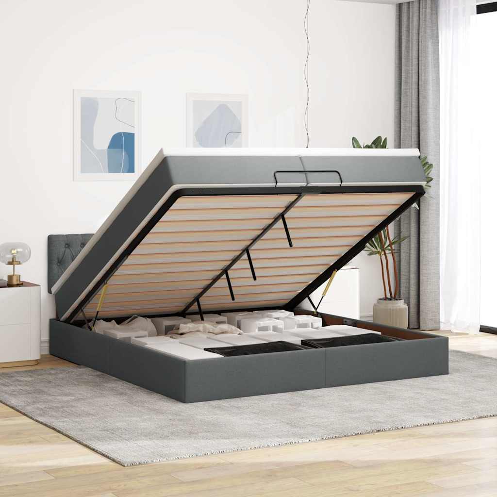 Cadre de lit ottoman avec matelas gris foncé 200x200cm tissu - XIOS
