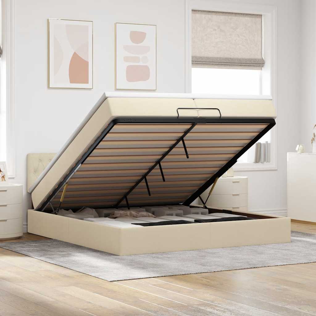 Cadre de lit ottoman avec matelas crème 200x200cm tissu - XIOS