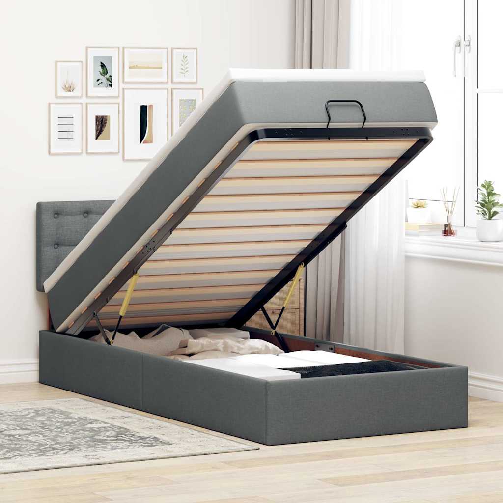 Cadre de lit ottoman avec matelas gris foncé 90x190 cm tissu - XIOS