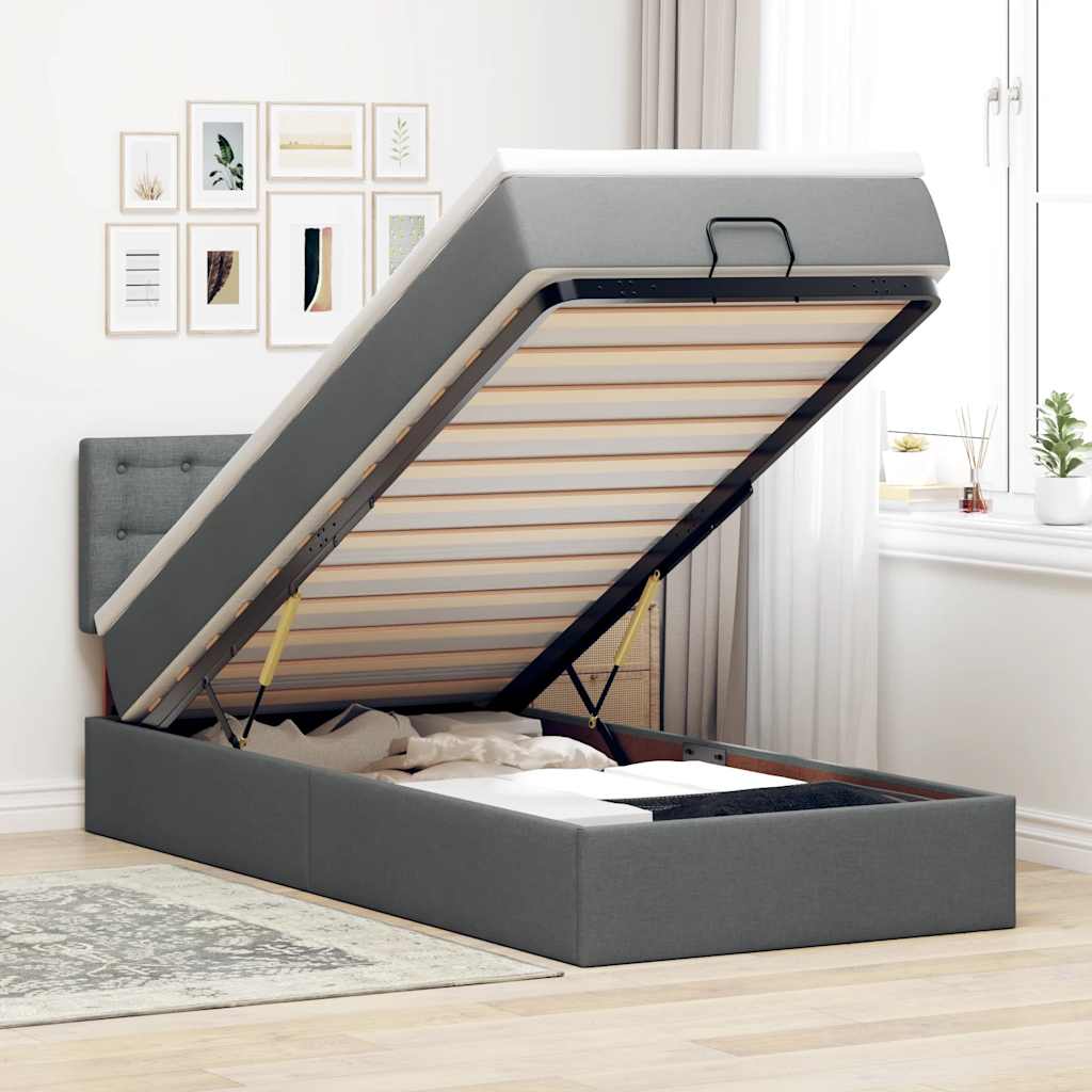 Lit ottoman avec matelas et LED gris foncé 90x200 cm tissu - XIOS