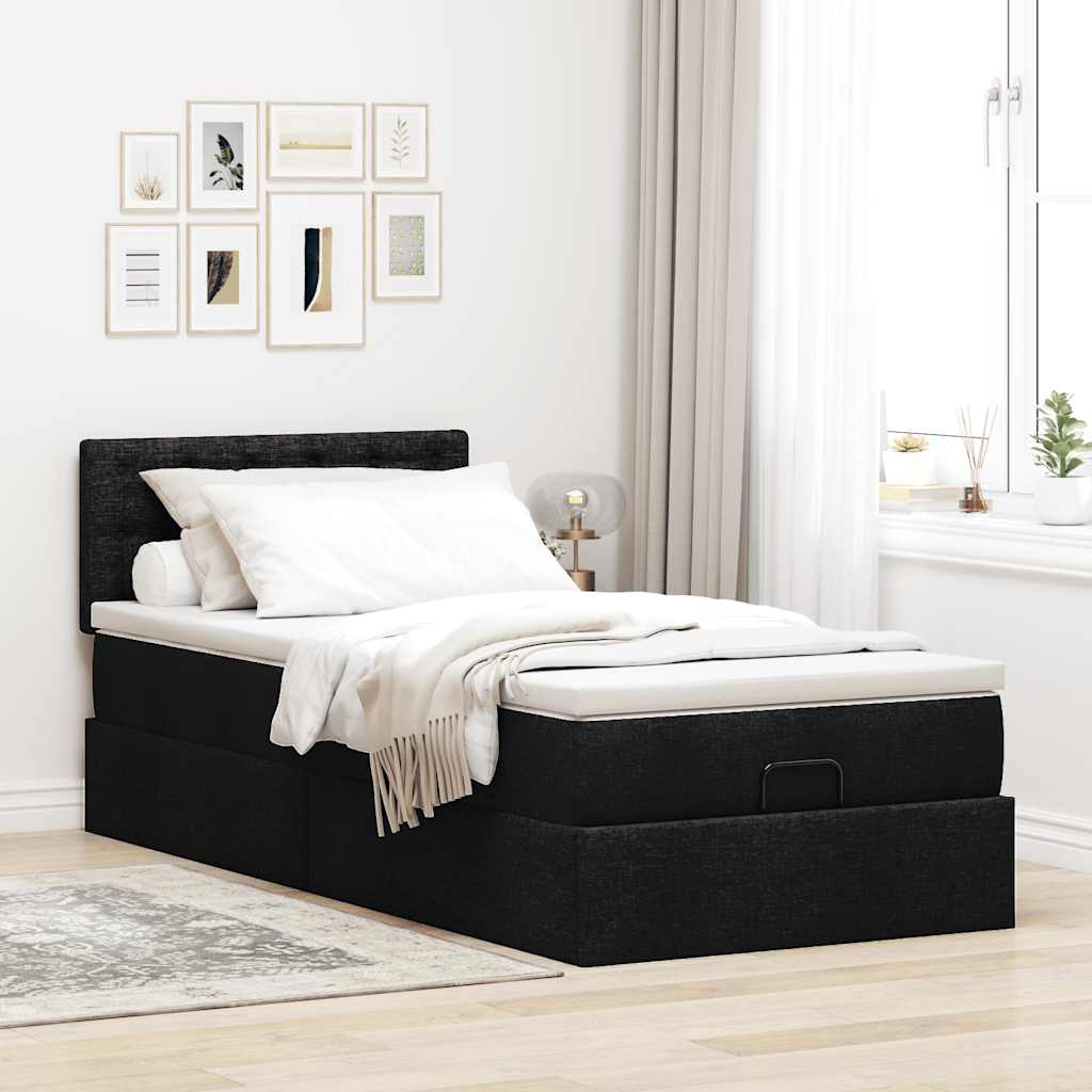 Lit ottoman avec matelas noir 90x200 cm tissu - XIOS