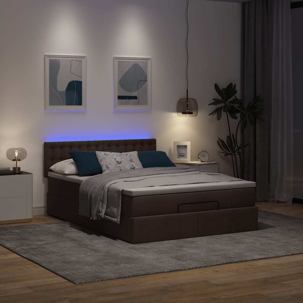 Lit ottoman avec matelas et LED marron foncé 140x190 cm tissu - XIOS