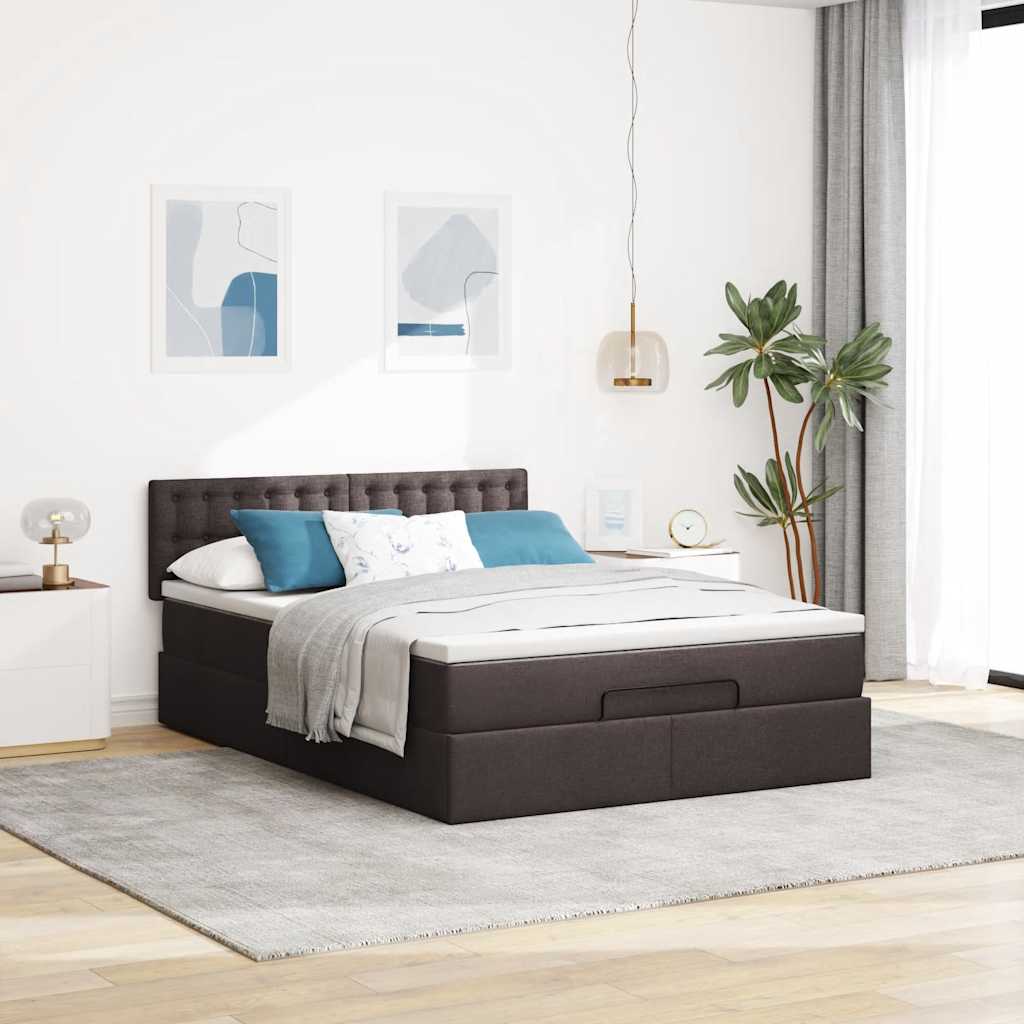 Lit ottoman avec matelas et LED marron foncé 140x190 cm tissu - XIOS