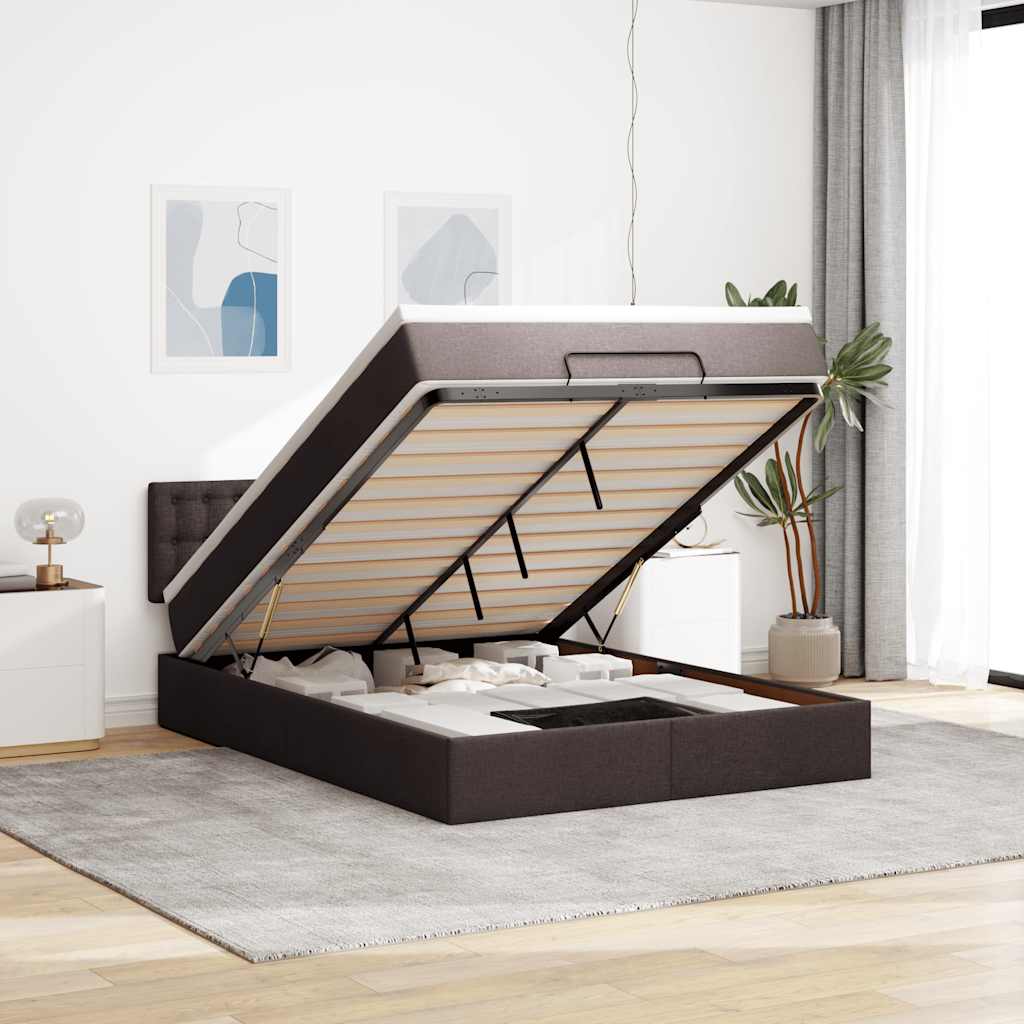 Cadre de lit ottoman avec matelas marron foncé 140x200 cm tissu - XIOS