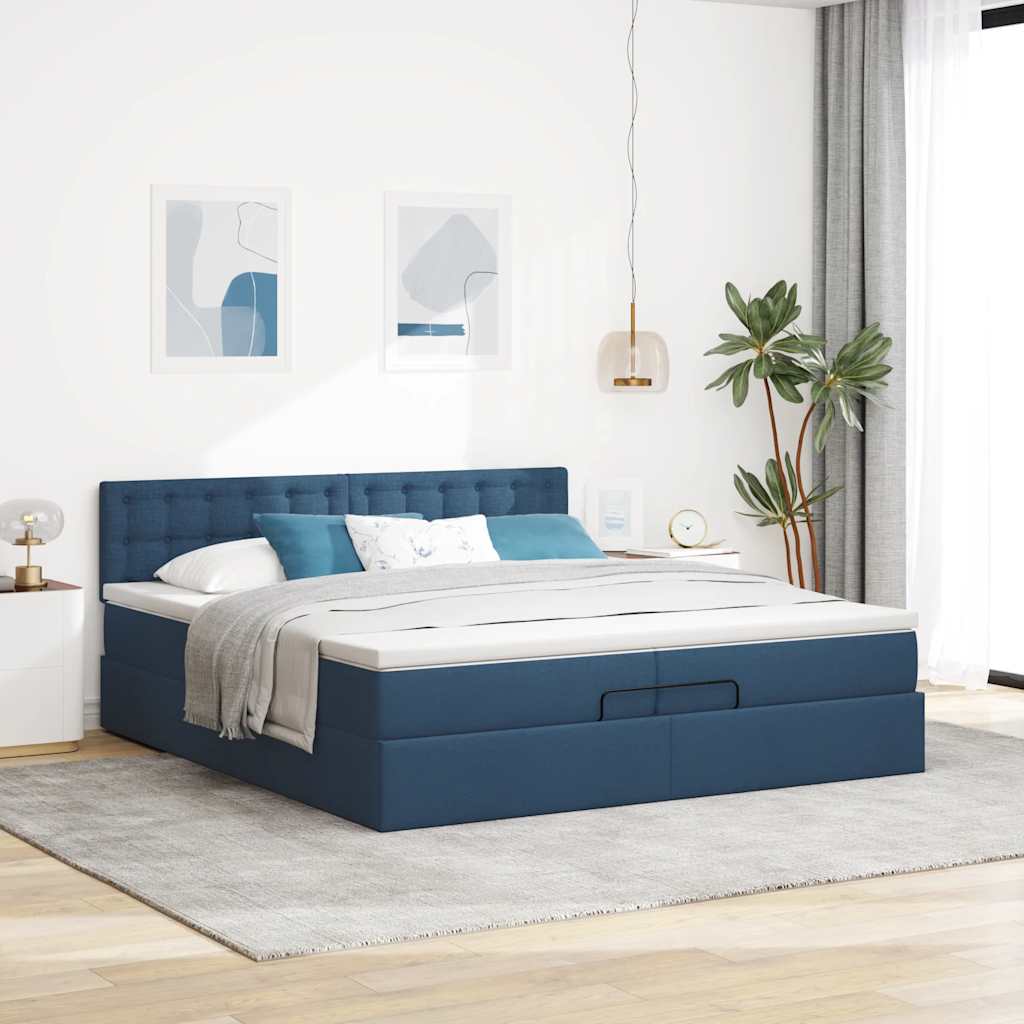 Cadre de lit ottoman avec matelas bleu 200x200cm tissu - XIOS