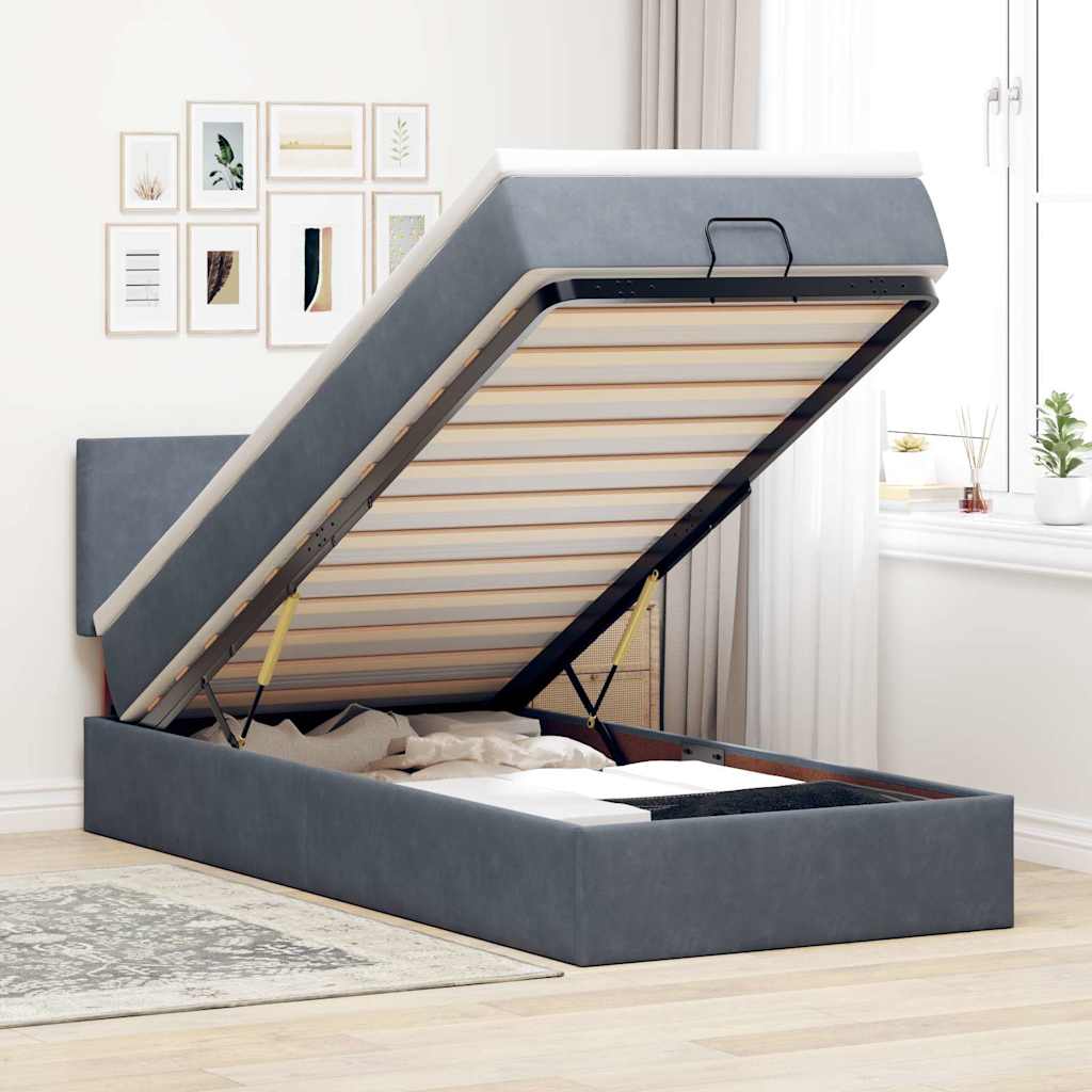 Cadre de lit ottoman avec matelas gris foncé 90x190 cm velours - XIOS