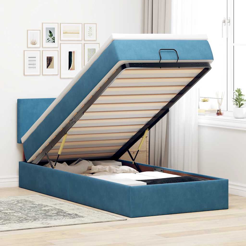 Cadre de lit ottoman avec matelas bleu foncé 90x190 cm velours - XIOS