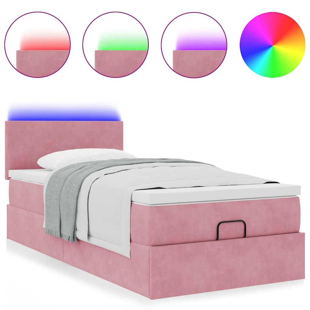 Cadre de lit ottoman avec matelas rose 90x190 cm velours - XIOS