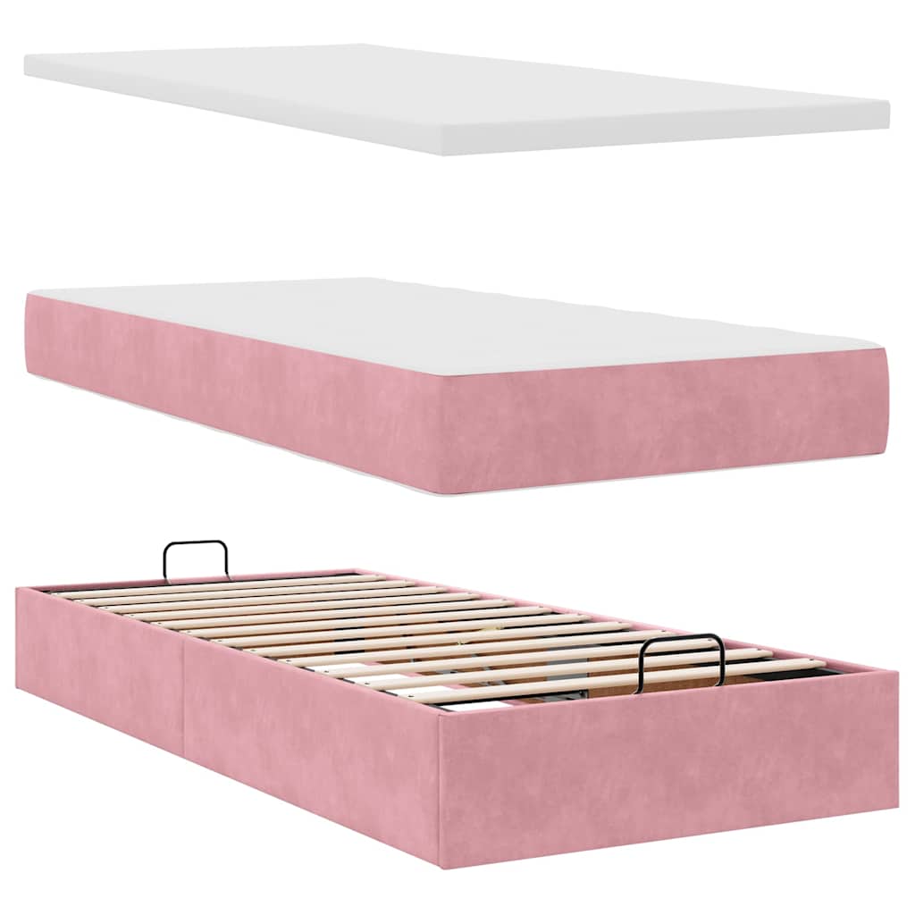 Cadre de lit ottoman avec matelas rose 90x190 cm velours - XIOS