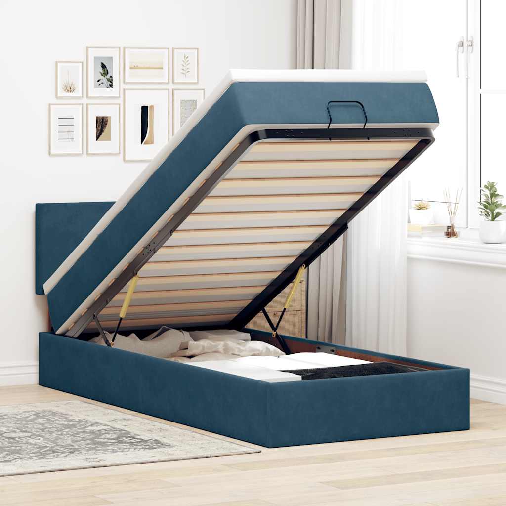 Cadre de lit ottoman avec matelas bleu foncé 90x200 cm velours - XIOS