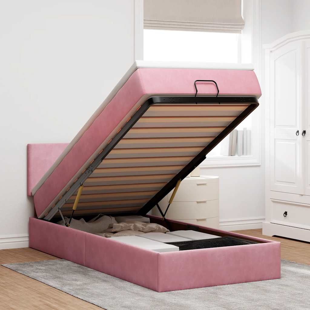Cadre de lit ottoman avec matelas rose 90x200 cm velours - XIOS