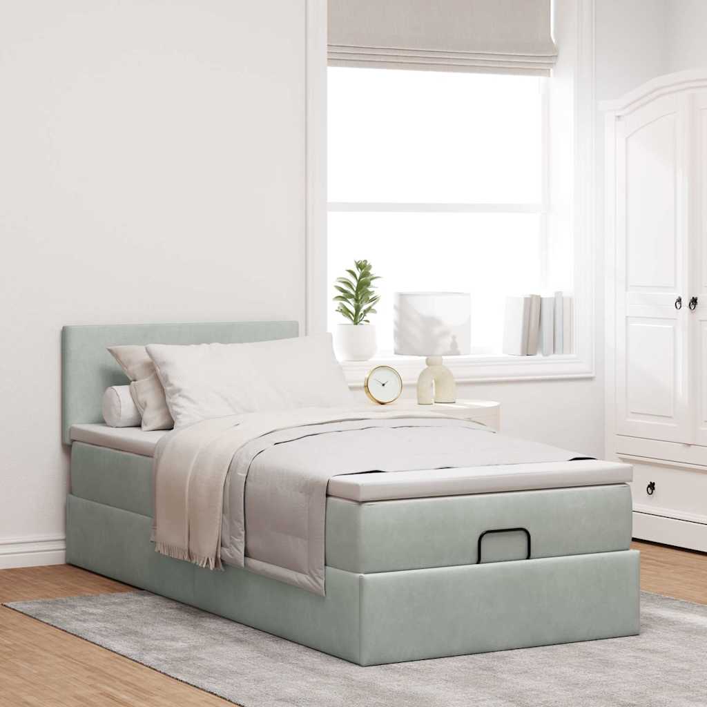Cadre de lit ottoman et matelas gris clair 100x200 cm velours - XIOS