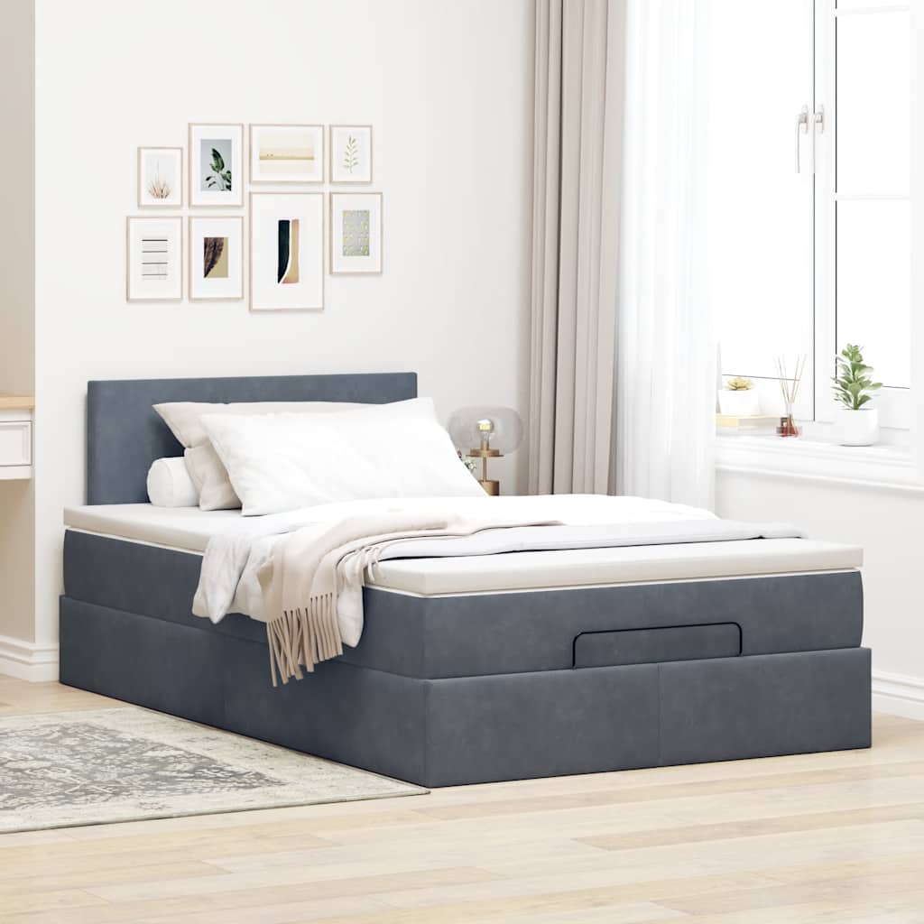 Cadre de lit ottoman et matelas gris foncé 120x200 cm velours - XIOS