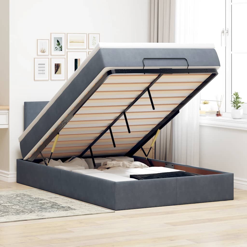 Cadre de lit ottoman et matelas gris foncé 120x200 cm velours - XIOS