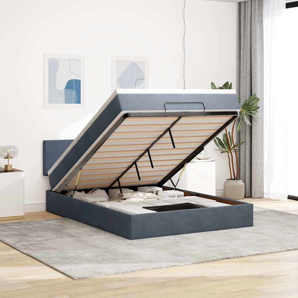 Cadre de lit ottoman avec matelas gris foncé 140x190 cm velours - XIOS