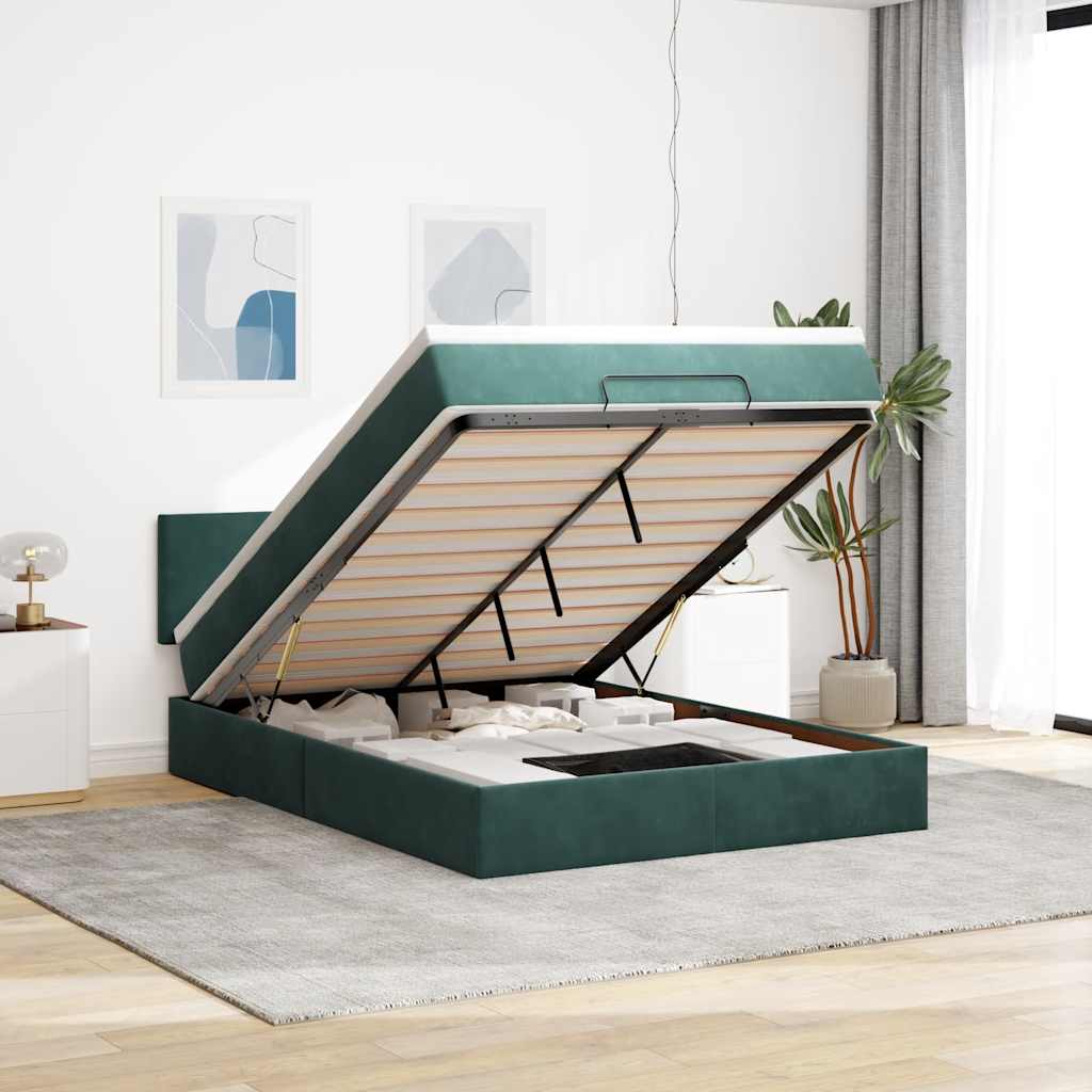 Cadre de lit ottoman avec matelas vert foncé 140x190 cm velours - XIOS