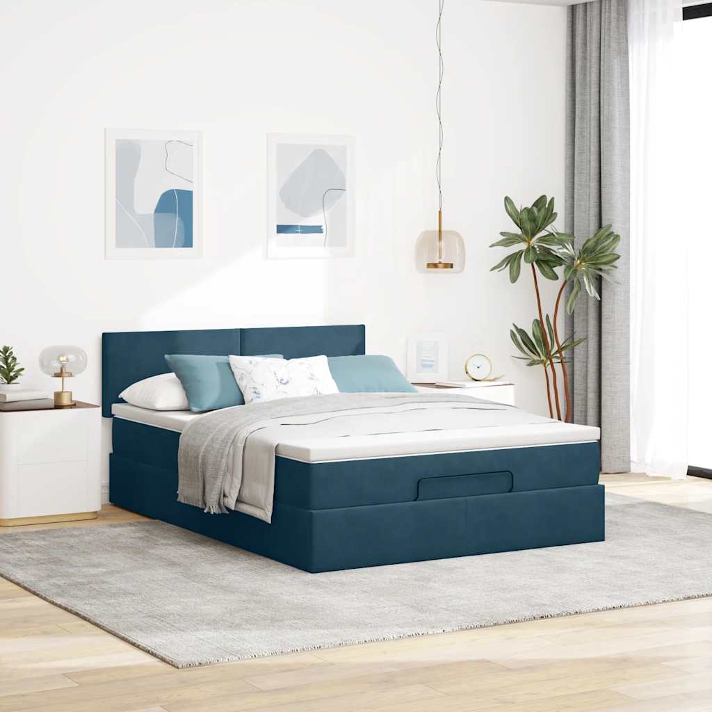 Cadre de lit ottoman avec matelas bleu foncé 140x190 cm velours - XIOS