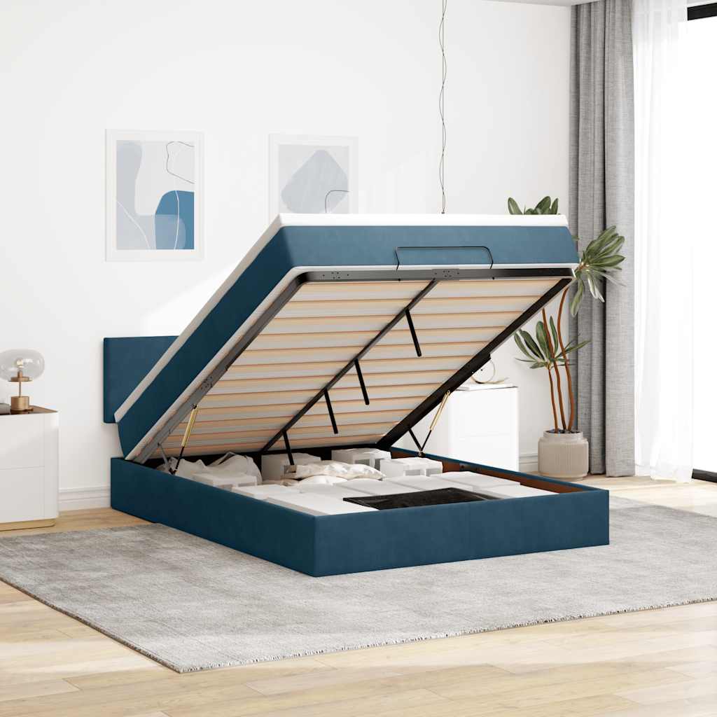 Cadre de lit ottoman avec matelas bleu foncé 140x190 cm velours - XIOS