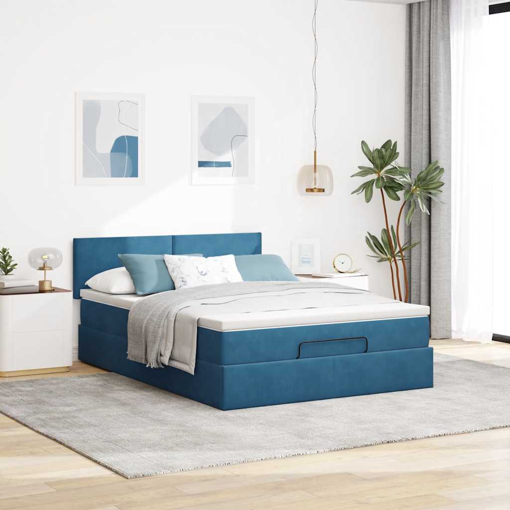 Cadre de lit ottoman avec matelas bleu foncé 140x200 cm velours - XIOS